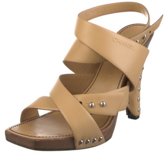 CHANEL Studded Strappy Sandals Shoes Camel Beige Nude Heels 37 6.5 HOST PICK x2 - Picture 1 of 3
